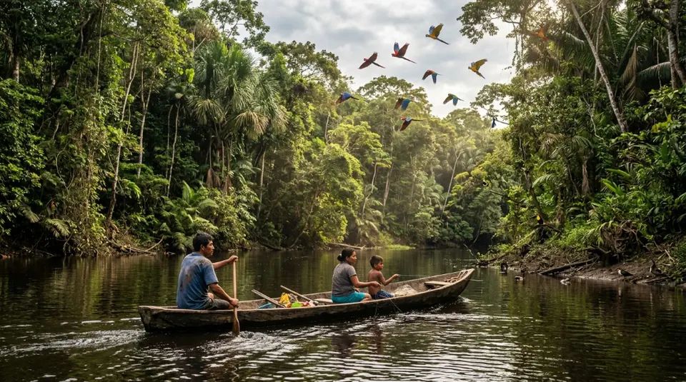A local family fishing from a simple wooden canoe on an Amazonian river as a flock of brilliantly colorful macaws flies overhead