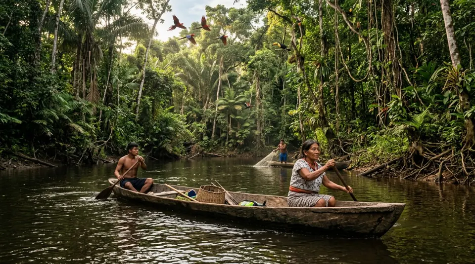 Local indigenous people navigating a traditional wooden dugout canoe deep within the lush, verdant Peruvian Amazon rainforest