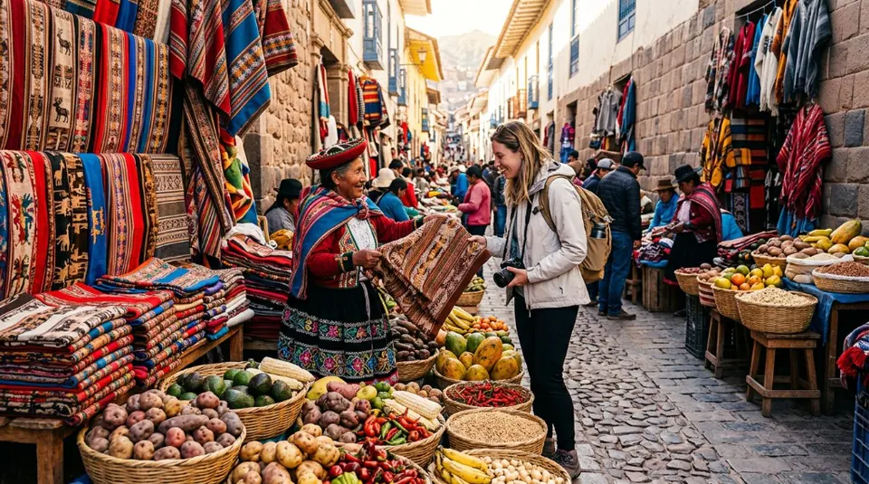 A smiling tourist purchasing incredibly detailed, vibrantly colorful woven textiles from indigenous vendors in a traditional narrow stone alleyway market