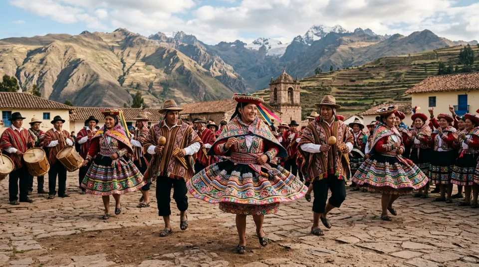 Vibrant Peruvian locals in traditional, colorful woven garments performing a joyful, energetic folk dance in an ancient village square backed by towering Andes mountains