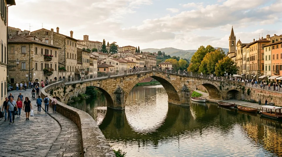 The ancient stone Ponte Vecchio bridge in Florence at sunset, its buildings reflecting perfectly in the calm Arno River