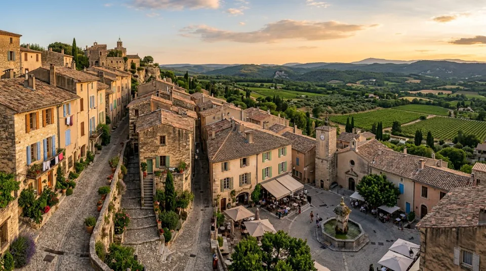 A vibrant Provencal village square with an ancient stone fountain, outdoor cafes, and locals enjoying a sunny afternoon