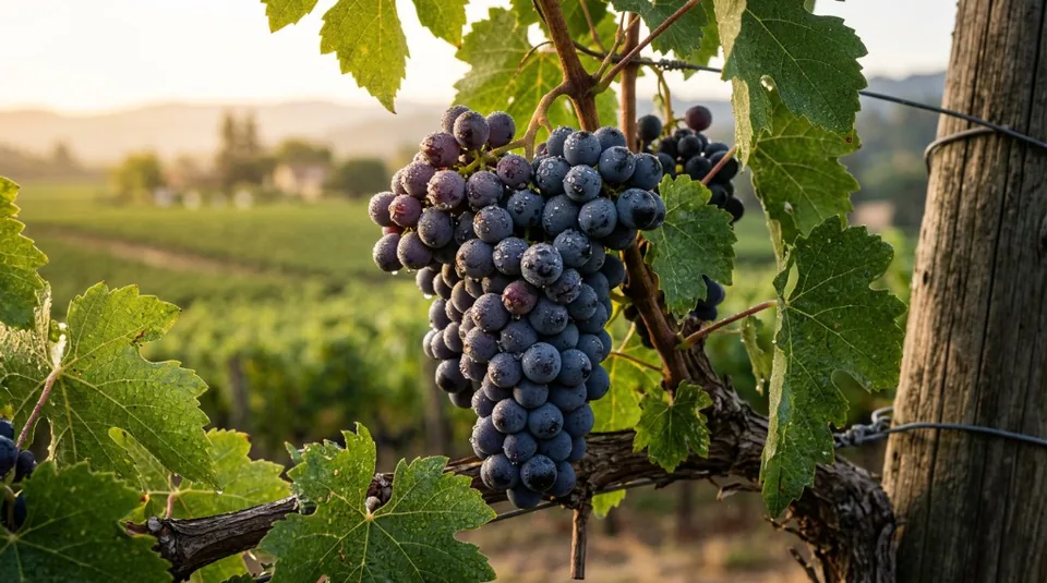 A vibrant cluster of ripe, dark red wine grapes on a vine, glistening with morning dew in a prestige vineyard