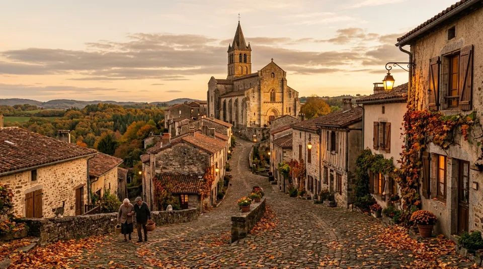 A narrow, winding cobbled street in the medieval village of Saint-Émilion, leading towards an ancient stone church