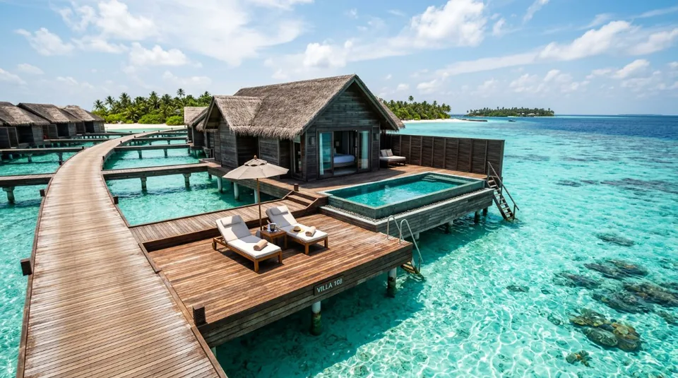 A wide view of a luxury thatched-roof villa on a private island, surrounded by a white sand beach and shallow crystal lagoon