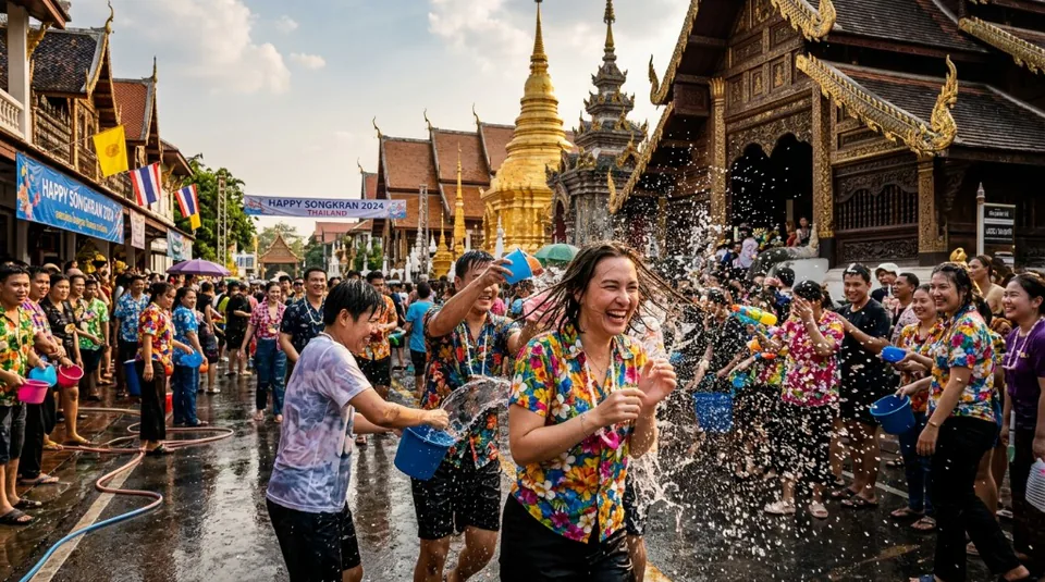 A lively Songkran celebration featuring locals and tourists joyfully splashing water in front of a majestic golden temple