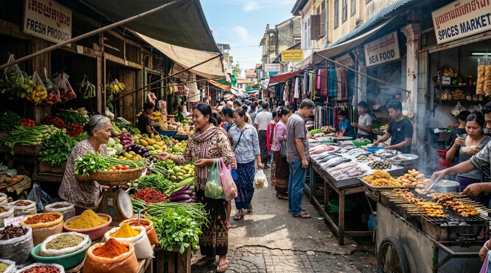 A bustling daytime street market in Southeast Asia with vendors selling fresh colorful produce, spices, and grilled meats among the crowds