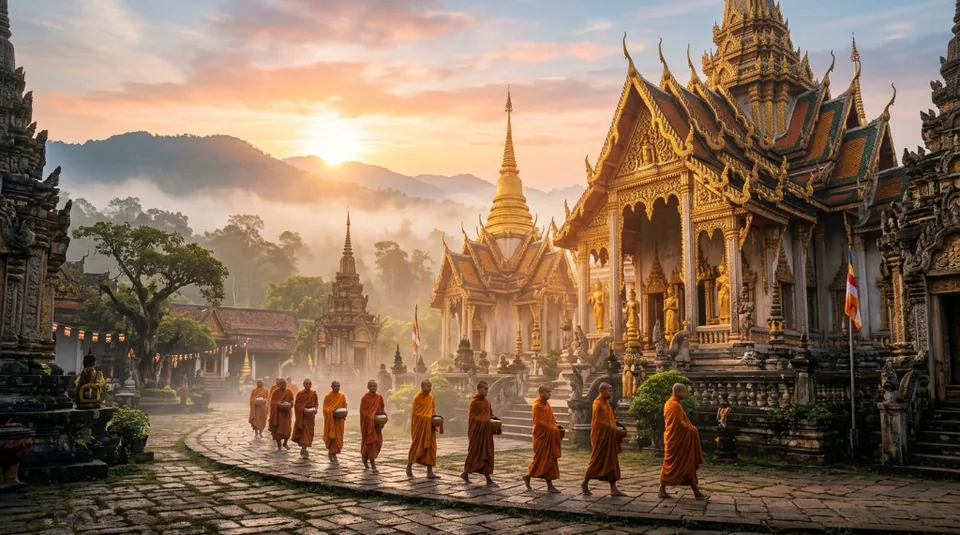 The golden spires of a royal southeast Asian temple glowing under the first light of a foggy sunrise in the mountains
