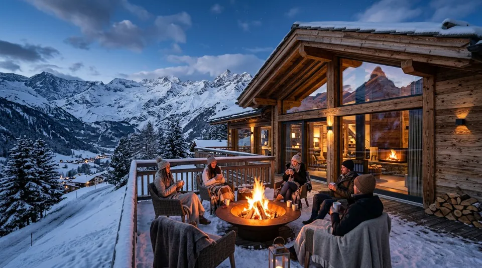 A cozy luxury wood-framed chalet in the Swiss Alps, with a fire pit glowing on a snow-covered balcony under a twilight winter sky