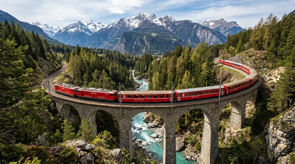 The iconic red Bernina Express boldly crossing a massive, ancient stone viaduct suspended high above a raging turquoise alpine river