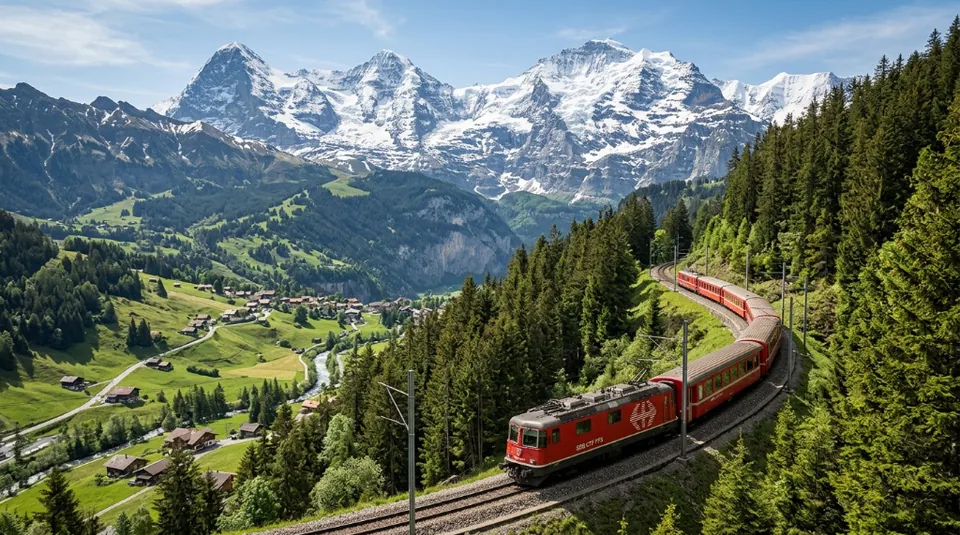 A brilliant red Swiss train proudly navigating a sweeping curve perfectly positioned in a spectacularly lush, vibrantly green alpine valley