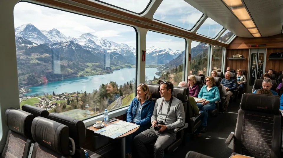 Passengers sitting comfortably inside a luxurious panoramic train carriage, marveling at the sweeping views of a bright blue Swiss lake