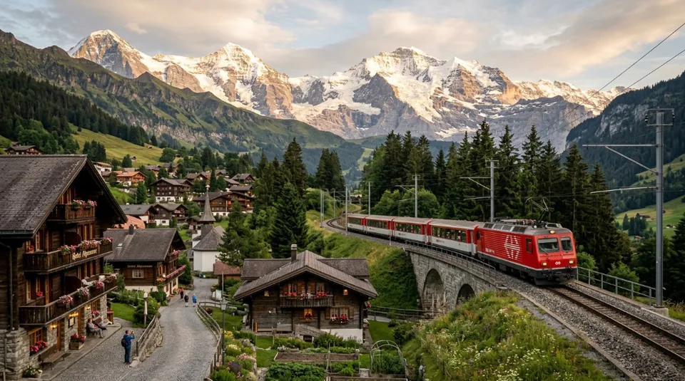 A sleek Swiss train gliding flawlessly through a traditional alpine village surrounded by colossal, snow-capped mountain peaks