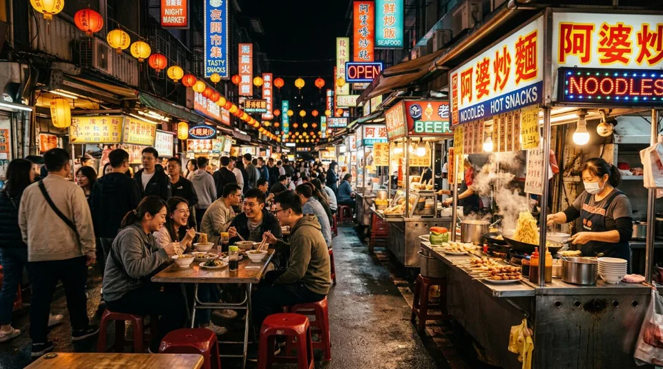 A busy Taipei night market scene at night with people dining at outdoor tables surrounded by glowing shop signs and steaming food stalls