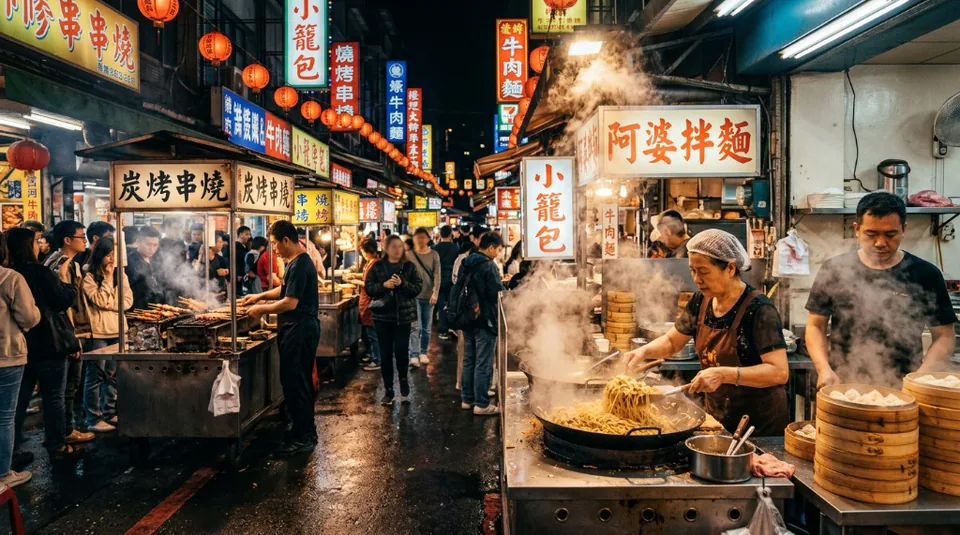 A vibrant display of grilled skewers and street food at a Taiwanese night market, illuminated by bright colorful signs
