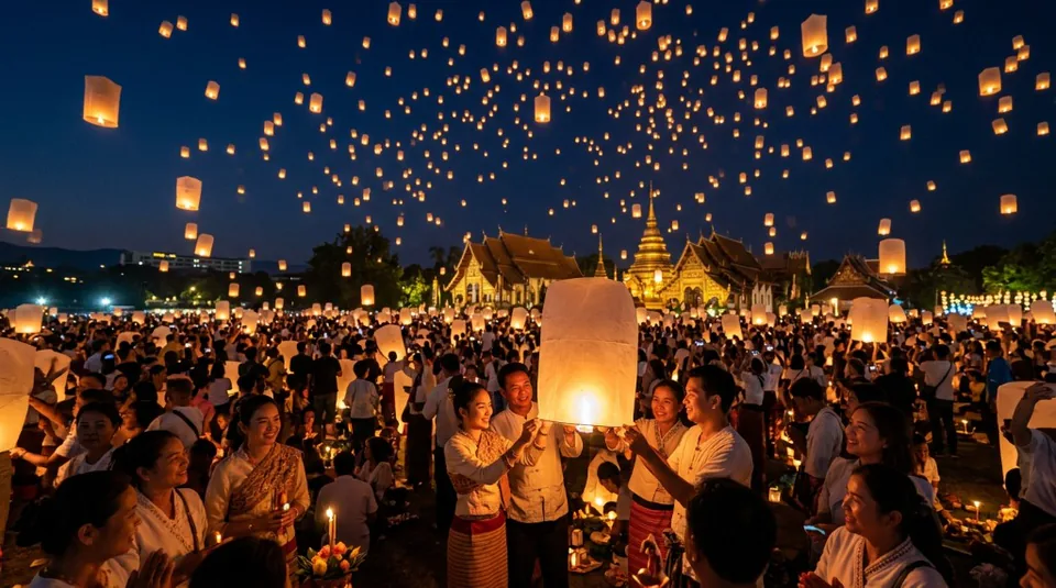 A breathtaking night sky filled with thousands of glowing Yi Peng paper lanterns released by a joyful crowd