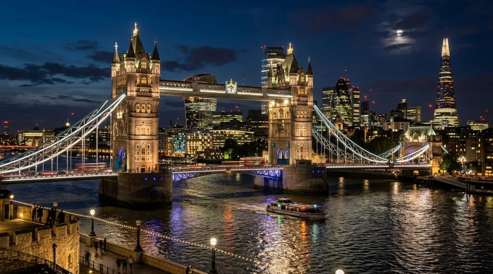 Tower Bridge in London brilliantly illuminated at night with its blue suspension cables glowing against the modern city skyline