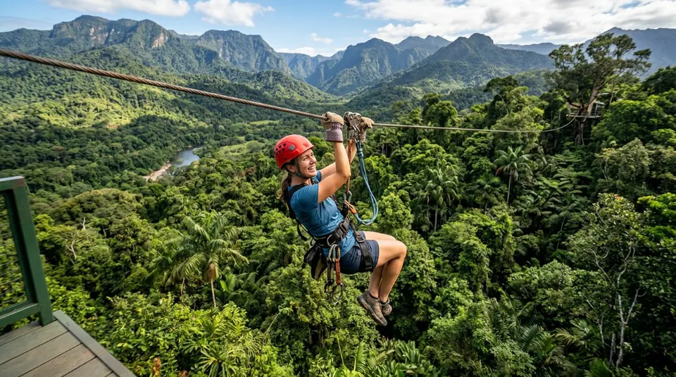 A person ziplining across a deep valley between tropical jungle mountains under a clear blue sky