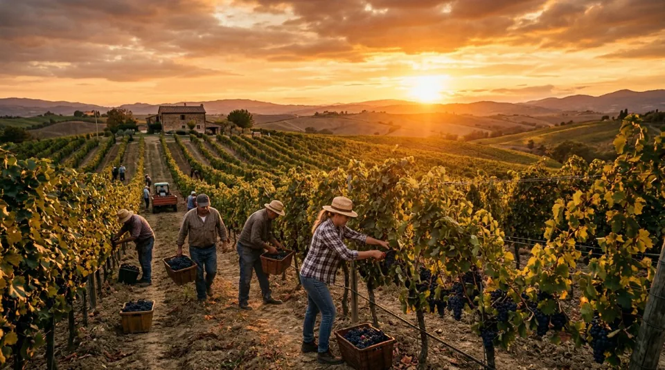 A busy harvest scene in a Tuscan vineyard at sunset, with workers gathering ripe grapes among rolling golden hills