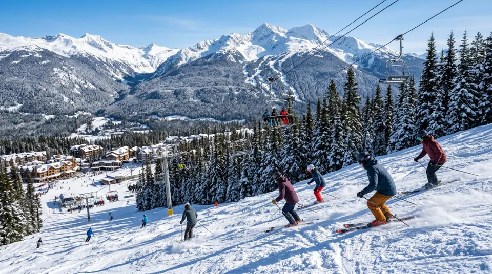 Skiers carving through fresh powder on the majestic Whistler Mountain during peak winter season