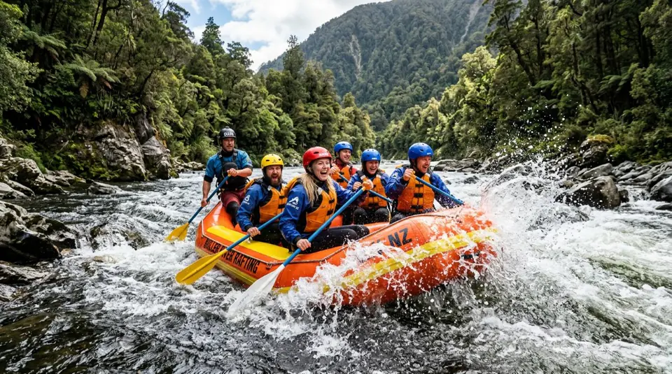 A group of adventurers joyfully paddling through white water rapids in a vibrant orange raft on a New Zealand river