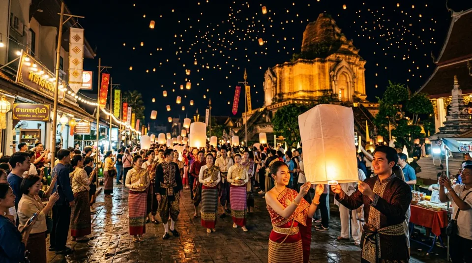 A vibrant street celebration during the Yi Peng festival with glowing lanterns illuminating traditional architecture